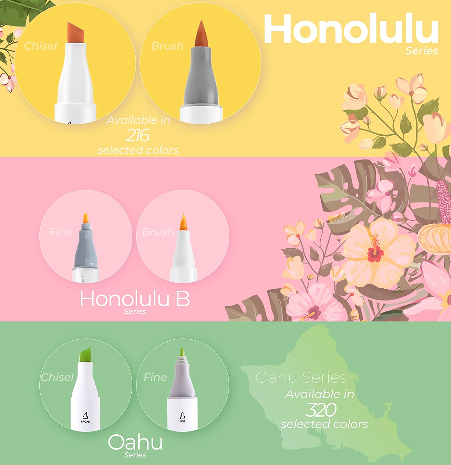 Ohuhu 104 Marcadores de Alcohol + 1 blender | Honolulu A: Pincel y Biselada