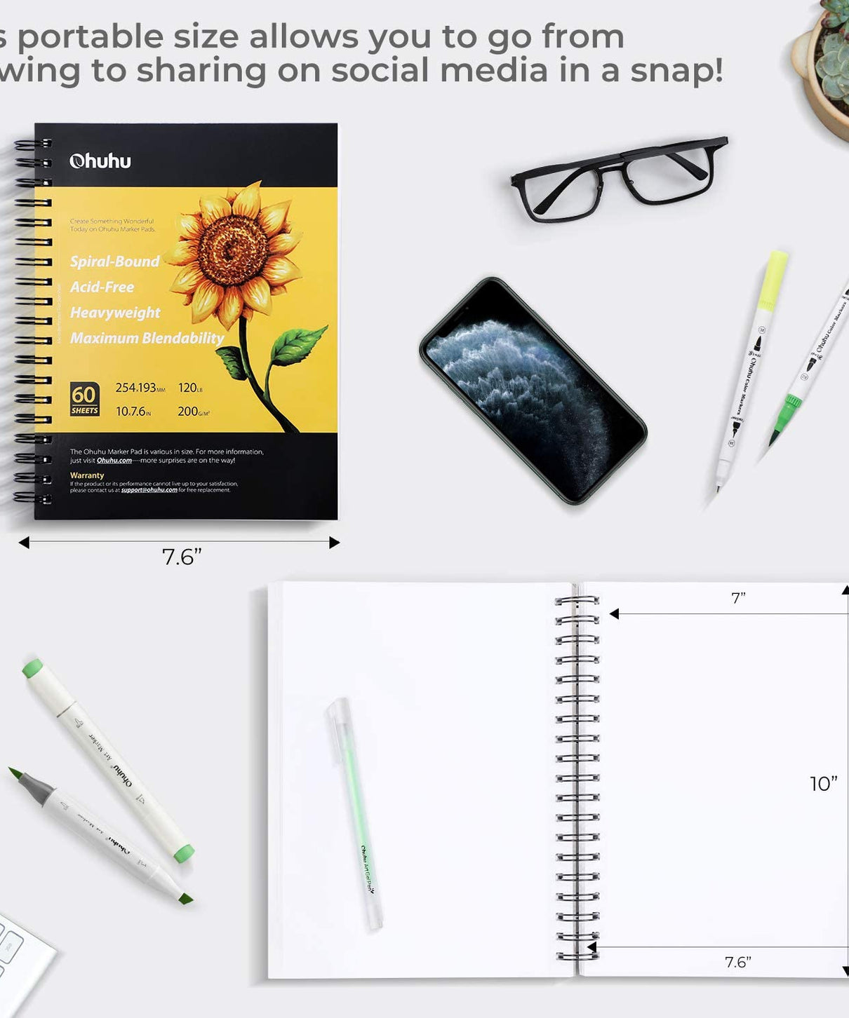Sketchbook Ohuhu Para Marcadores de Alcohol Anillado | 25,4 x 19,3 CM, 60 hojas | 200 g/m2