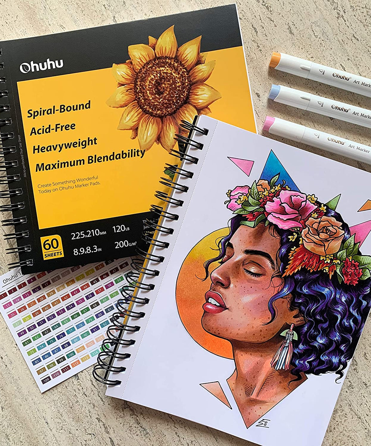 Sketchbook Ohuhu Para Marcadores de Alcohol Anillado | 25,4 x 19,3 CM, 60 hojas | 200 g/m2