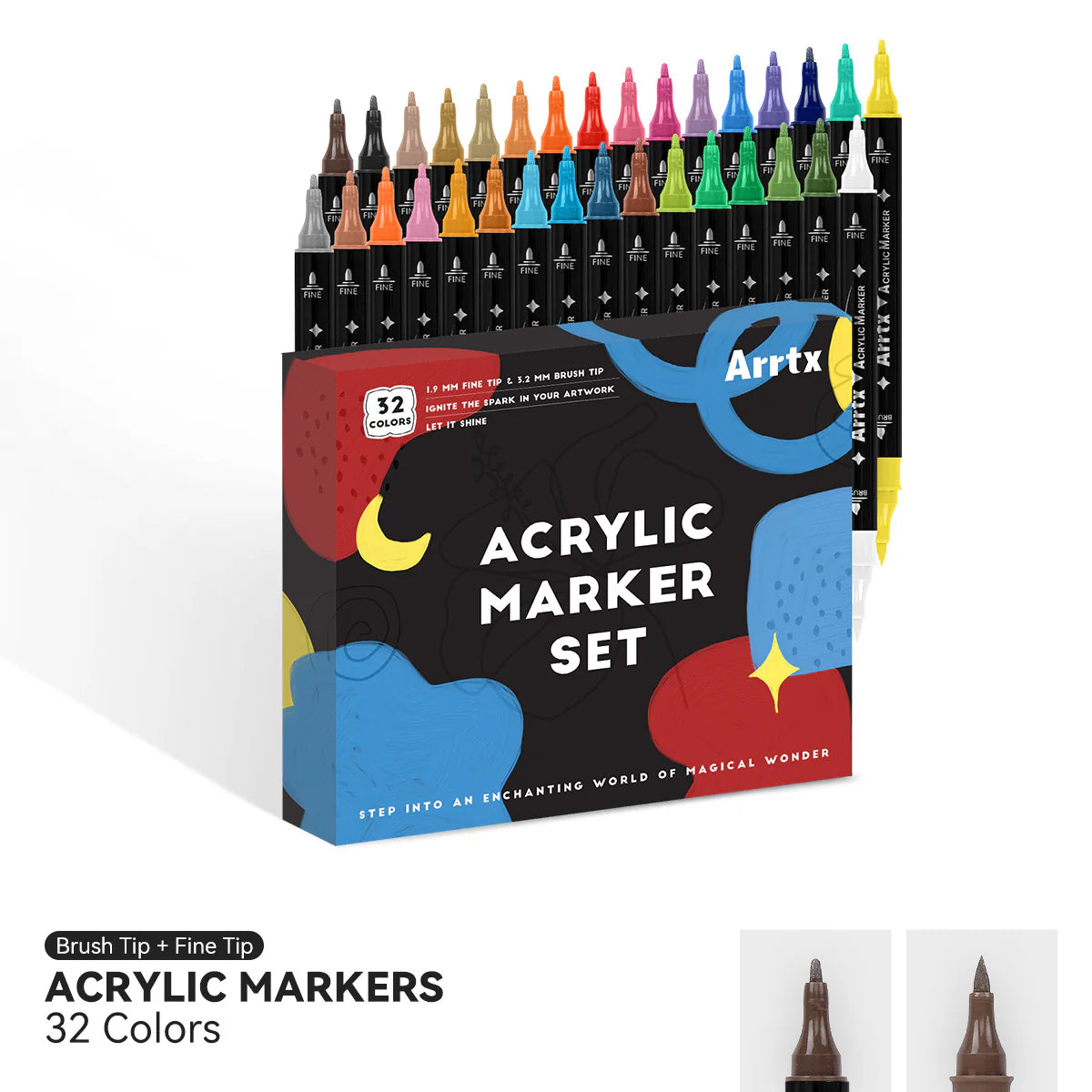 Marcadores Acrílicos Arrtx Doble Punta | Punta Pincel y Fina | 32 colores