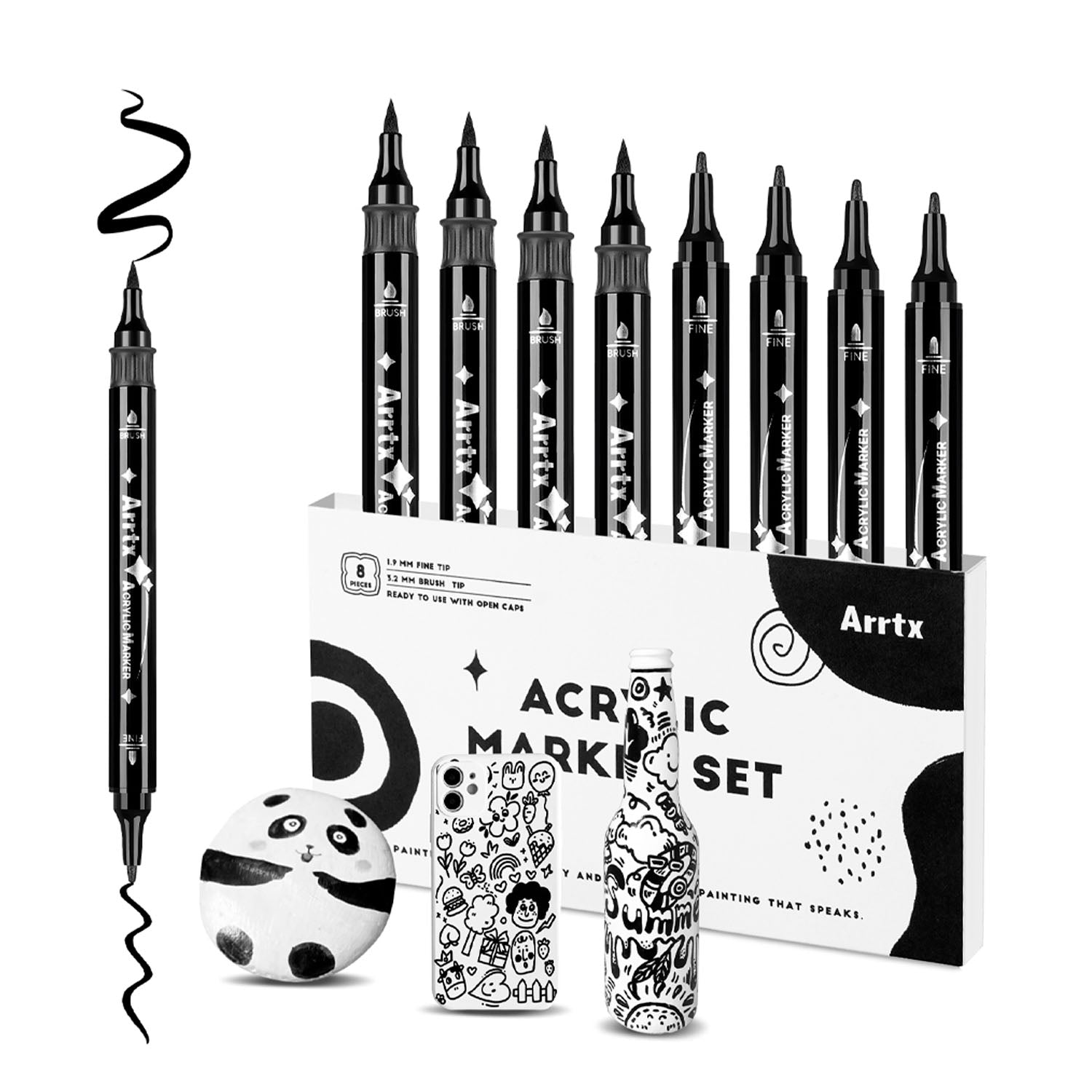 Marcador Acrílico Arrtx Negro | Punta Pincel y Fina | Por unidad y set