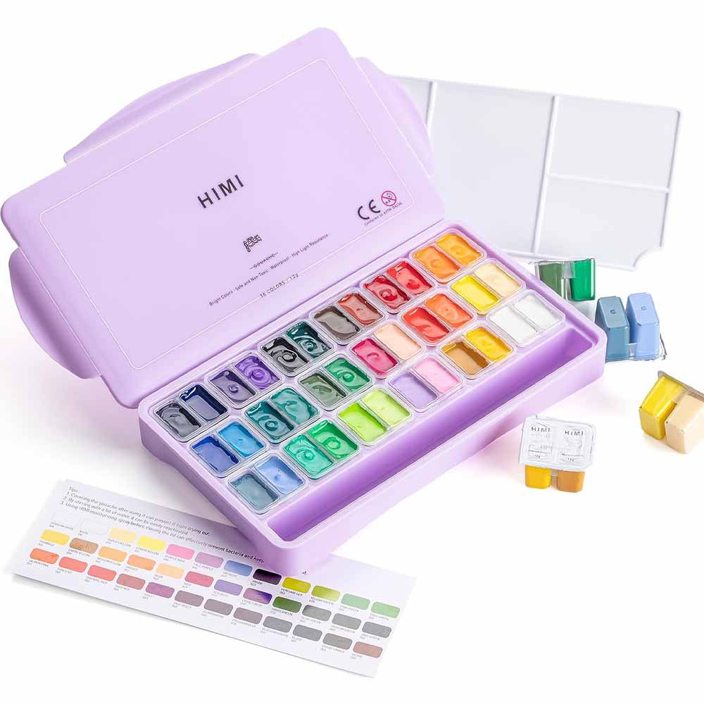 Gouache Himi 36 colores | 12 ml | Estuche Lila (incluye 3 pinceles)