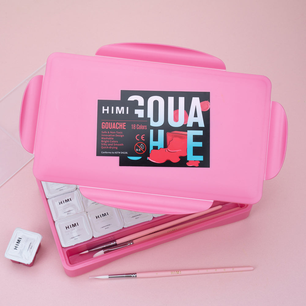 Gouache Himi 18 colores | 30 ml | Estuche Rosado + Pinceles
