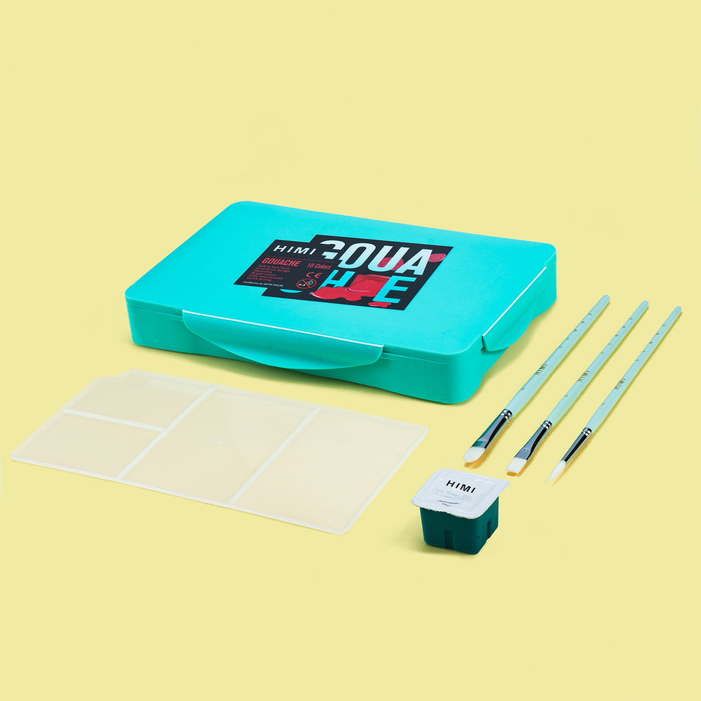 Gouache Himi 18 colores | 30 ml | Estuche Verde Agua + Pinceles