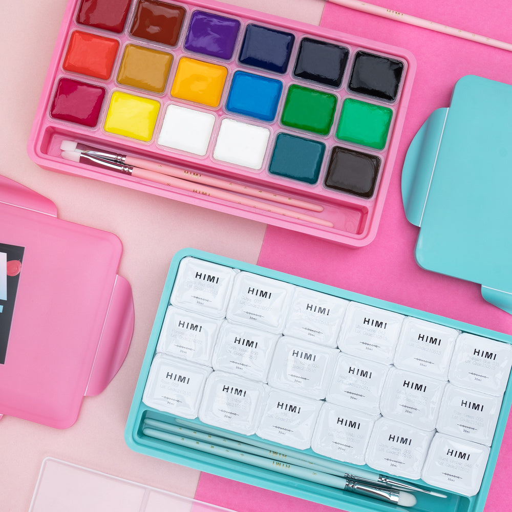 Gouache Himi 18 colores | 30 ml | Estuche Verde Agua + Pinceles