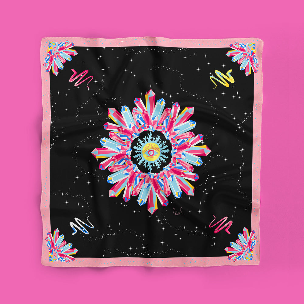 Pañuelo Cristales (fondo negro borde rosado)