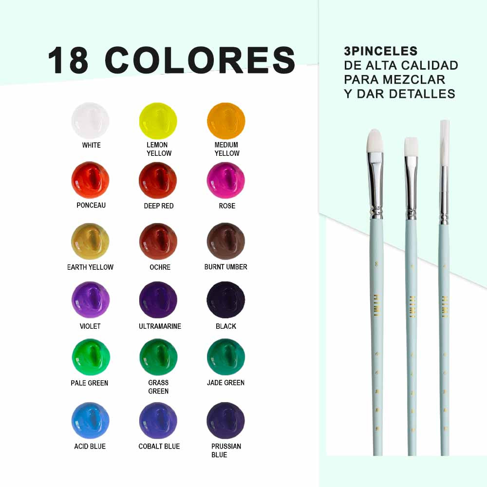 Gouache Himi 18 colores | 30 ml | Estuche Amarillo + Pinceles