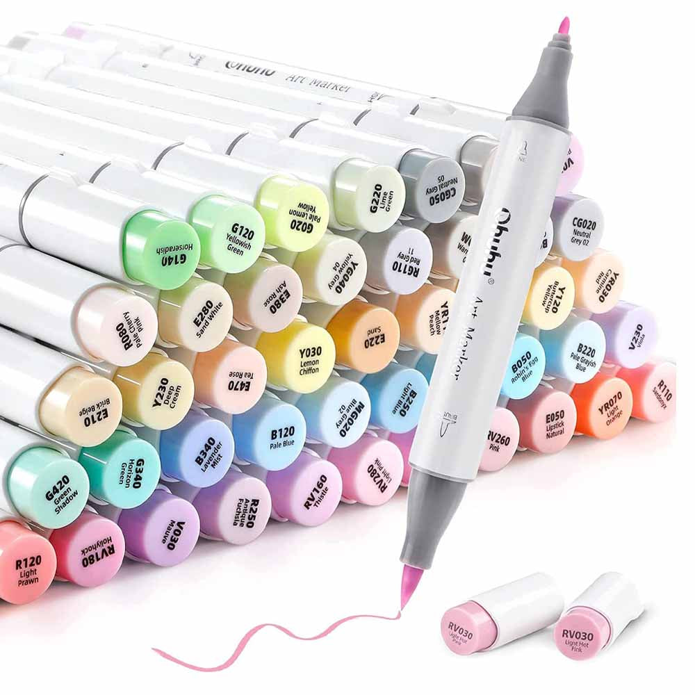 Ohuhu 48 Marcadores de Alcohol + 1 blender | Colores Pasteles | Honolulu B: Pincel y Fina