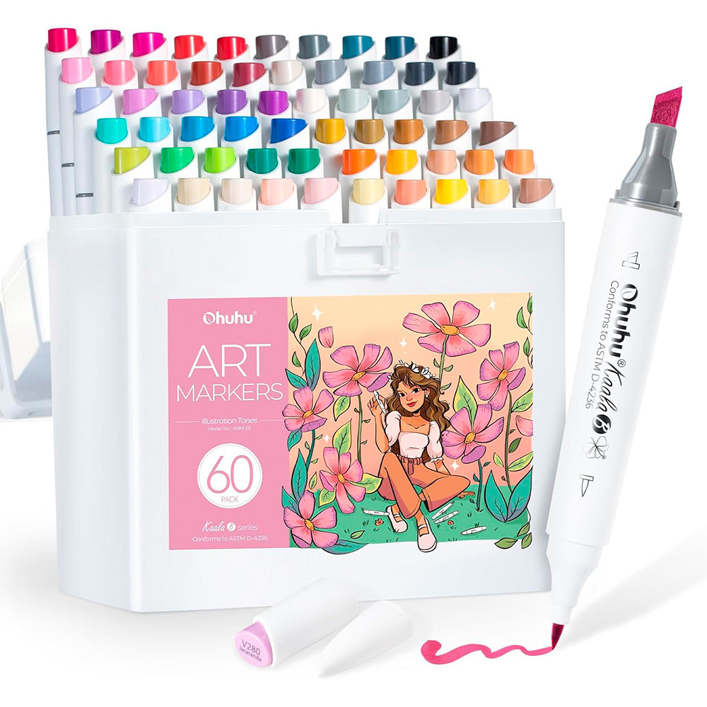 Ohuhu 60 Marcadores de Alcohol + 1 blender | Illustration Tones | Kaala B: Mini pincel y Biselada fina