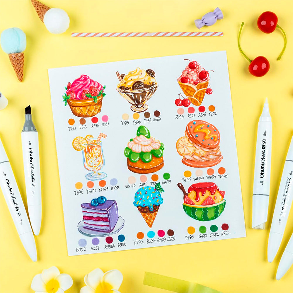 Ohuhu 60 Marcadores de Alcohol + 1 blender | Illustration Tones | Kaala B: Mini pincel y Biselada fina