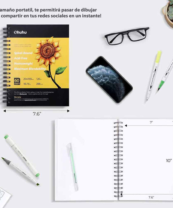Sketchbook Ohuhu Para Marcadores de Alcohol Anillado | 22 x 21 CM, 60 hojas | 200 g/m2