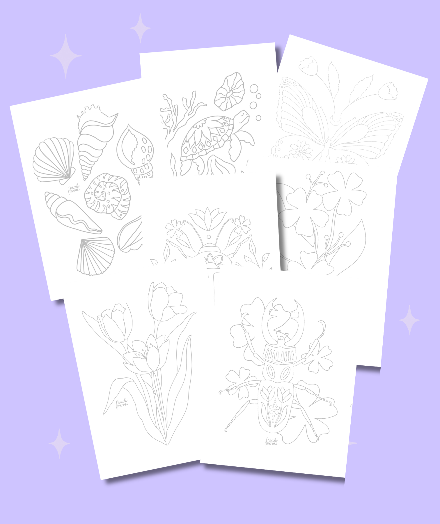 Set de 7 ilustraciones/láminas para colorear - Papel especial para Marcadores de Alcohol