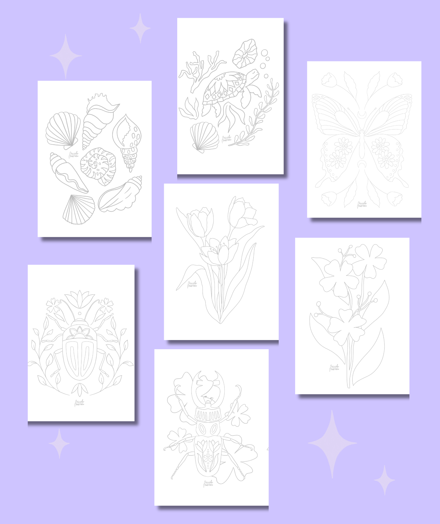 Set de 7 ilustraciones/láminas para colorear - Papel especial para Marcadores de Alcohol