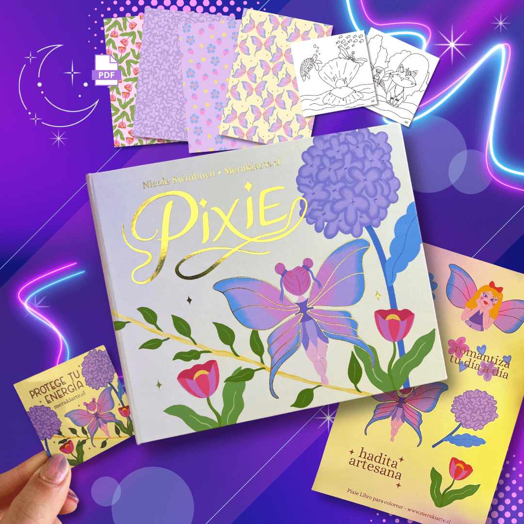 PACK ★: PIXIE | Libro pocket para colorear + Stickers + PDF journaling y coloring + Imán