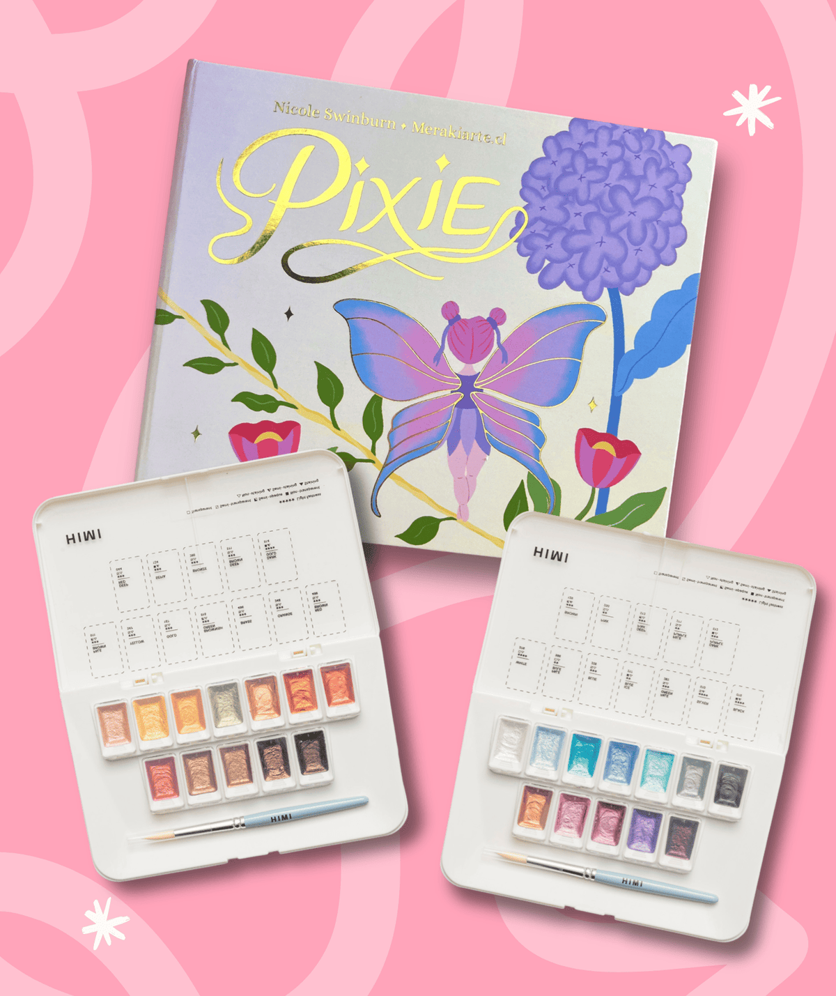 Pack Libro Pixie + Acuarelas Himi Metalizadas Plata + Acuarelas Himi Metalizadas Oro