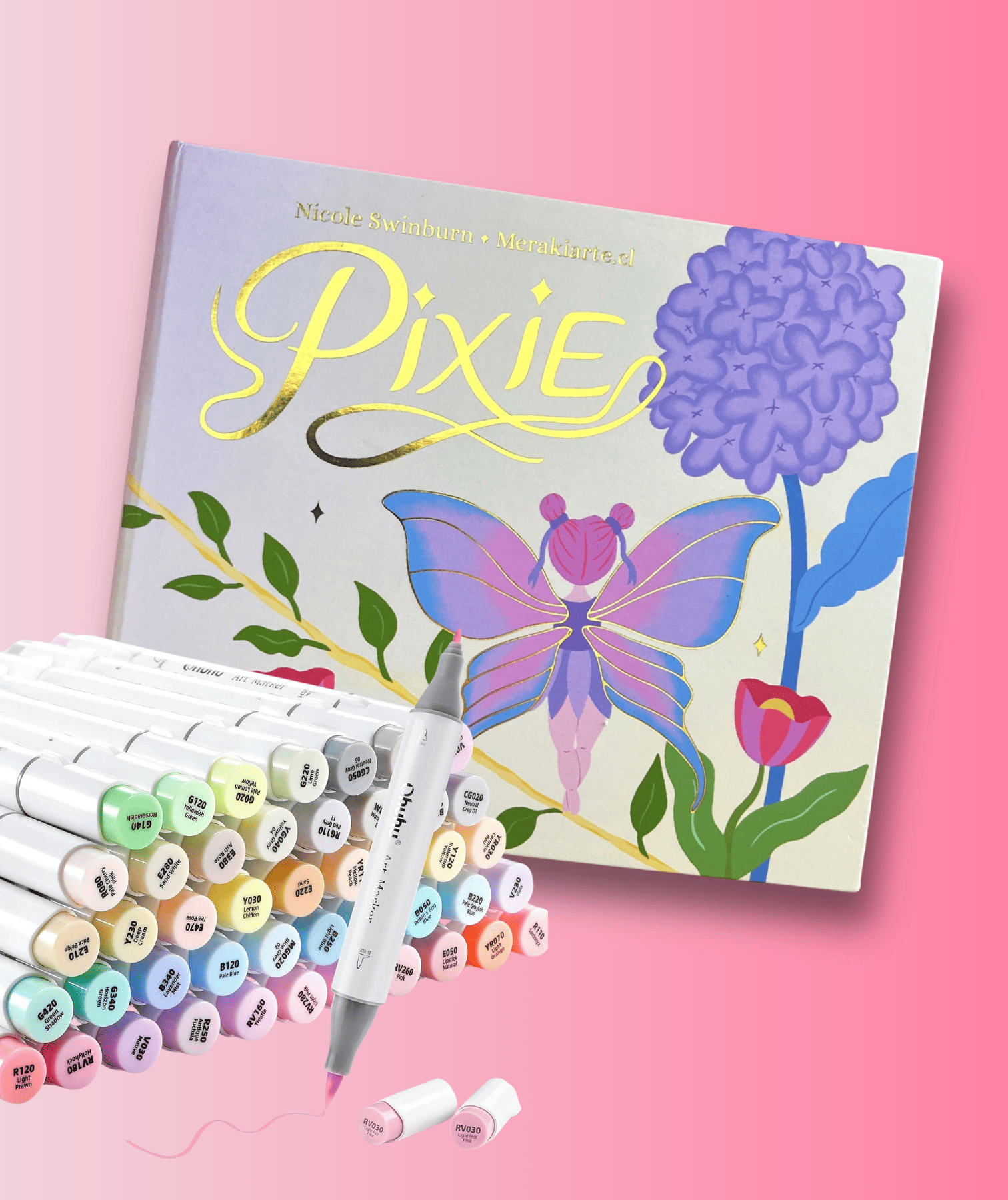 Pack Libro Pixie + 48 Marcadores de alcohol Ohuhu Tonos Pasteles (Honolulu B)