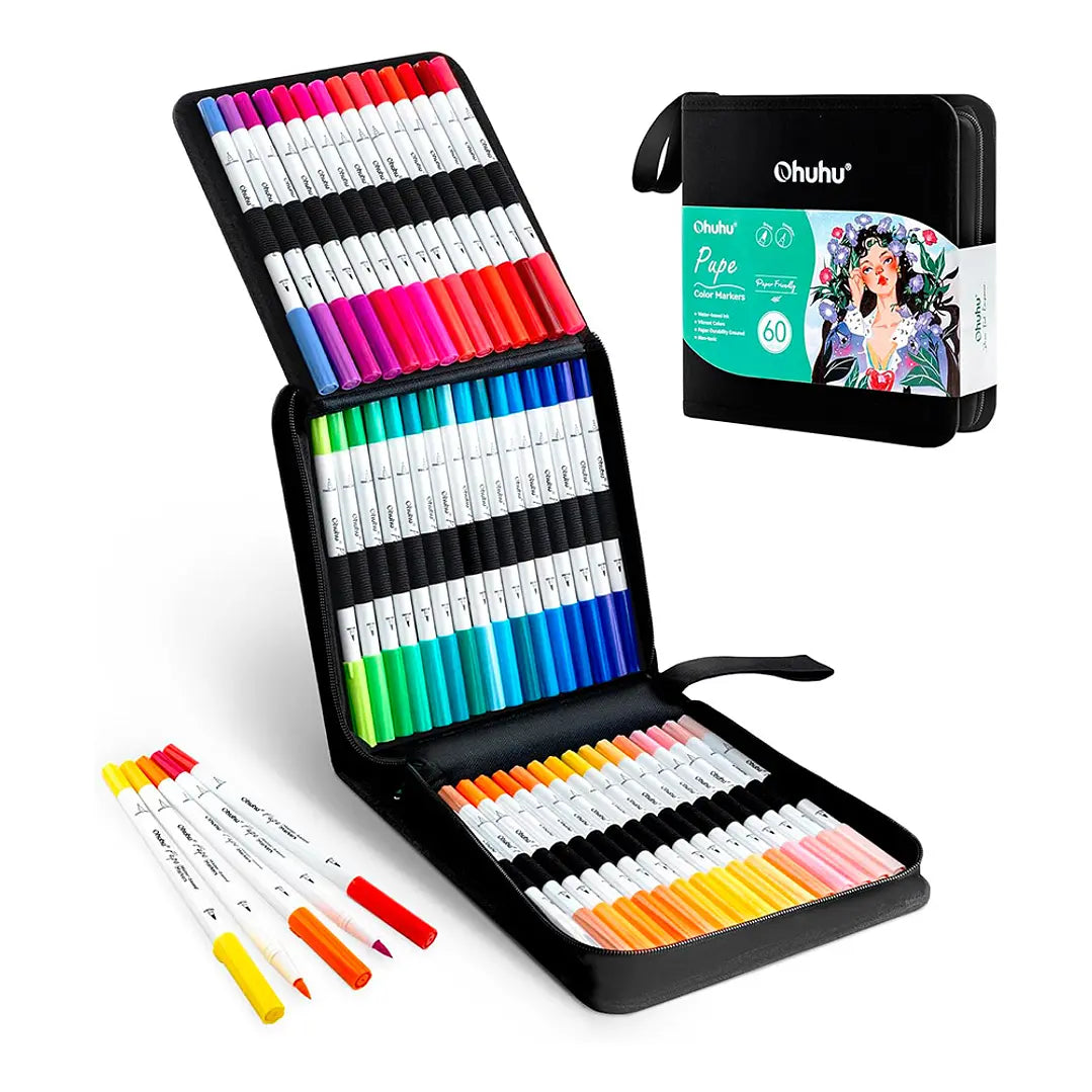 Marcadores Ohuhu Paper Friendly 60 colores a base de agua | Pincel y Tiralíneas | Pupe