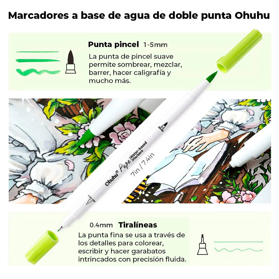 Marcadores Ohuhu Paper Friendly 60 colores a base de agua | Pincel y Tiralíneas | Pupe