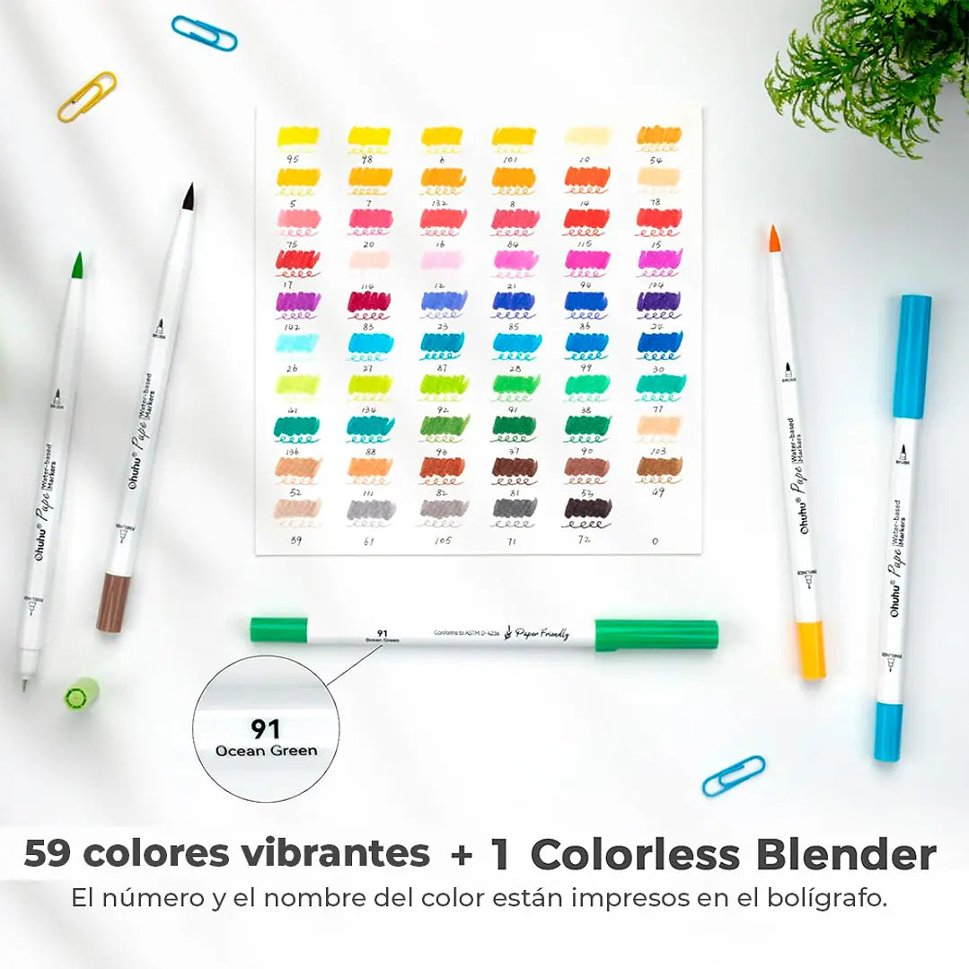 Marcadores Ohuhu Paper Friendly 60 colores a base de agua | Pincel y Tiralíneas | Pupe