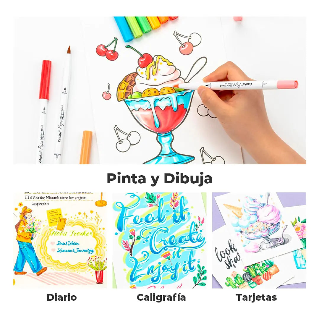 Marcadores Ohuhu Paper Friendly 60 colores a base de agua | Pincel y Tiralíneas | Pupe