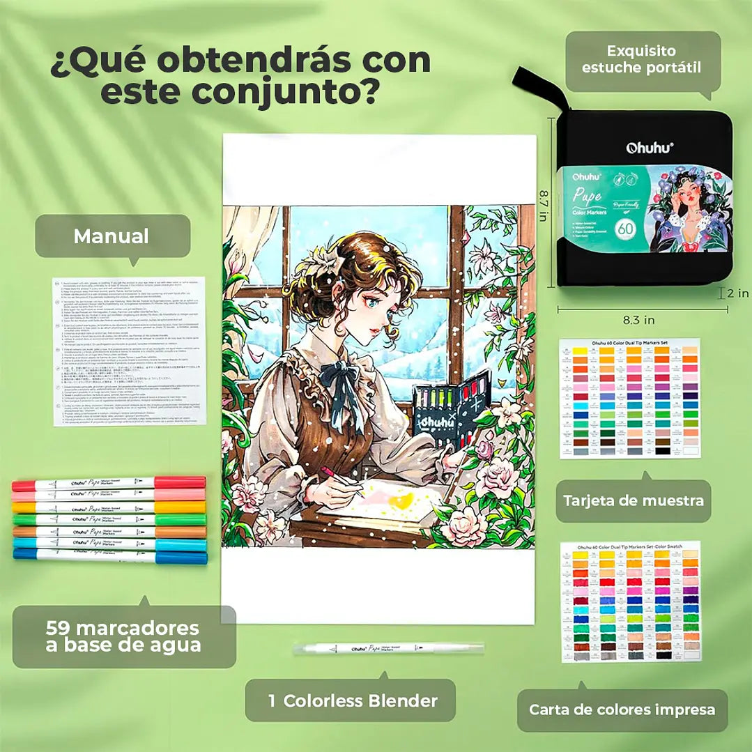 Marcadores Ohuhu Paper Friendly 60 colores a base de agua | Pincel y Tiralíneas | Pupe
