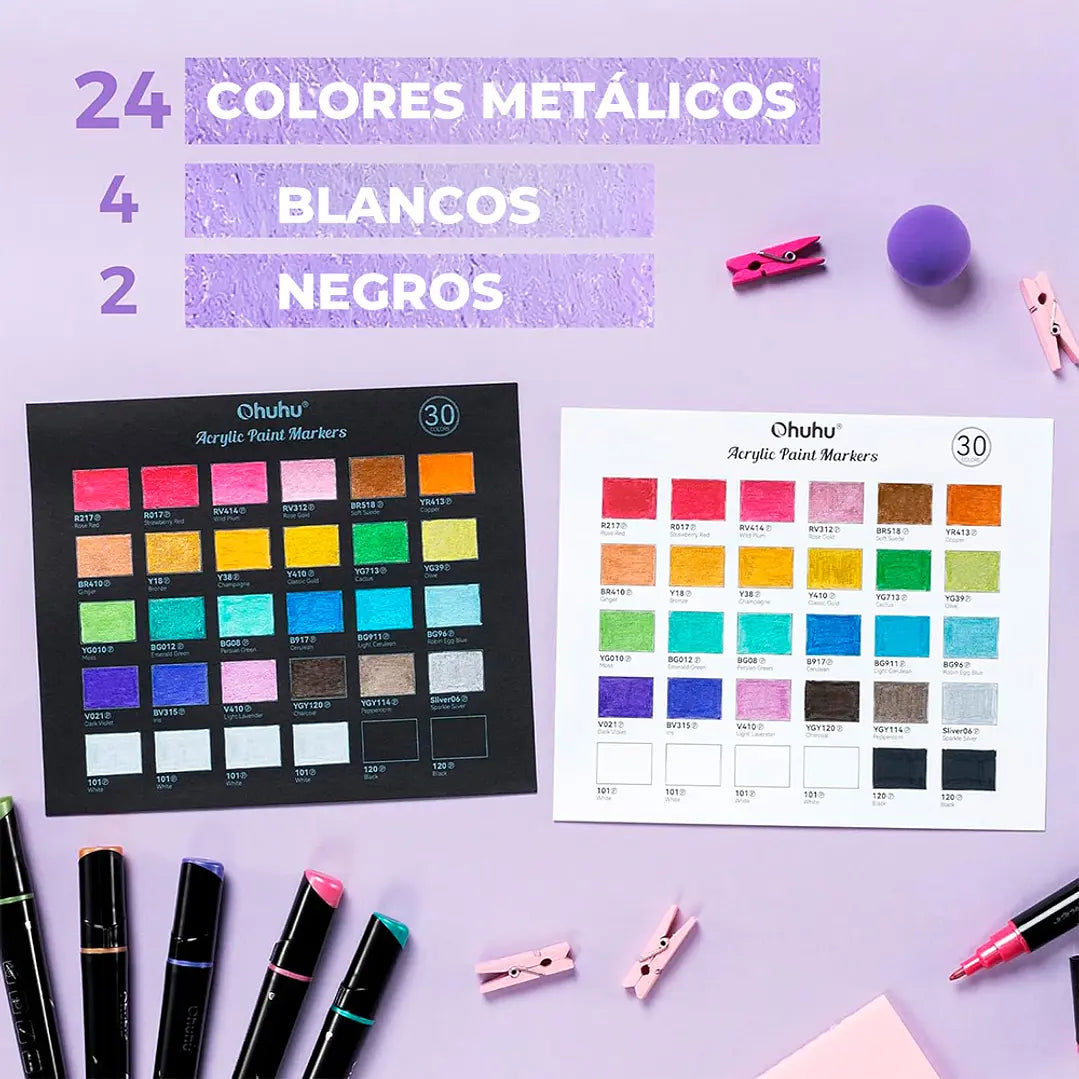 Marcadores Acrílicos Ohuhu | 30 colores (24 metálicos) | Punta fina y punta redonda