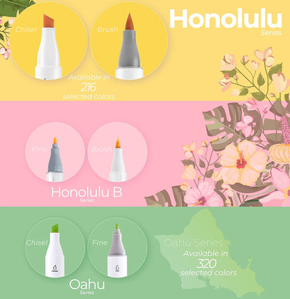 Ohuhu 104 Marcadores de Alcohol + 1 blender | Honolulu A: Pincel y Biselada