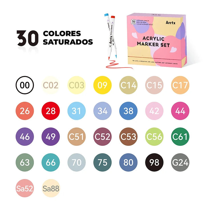 Marcadores Acrílicos Arrtx 30D | Punta Pincel | 30 colores vibrantes