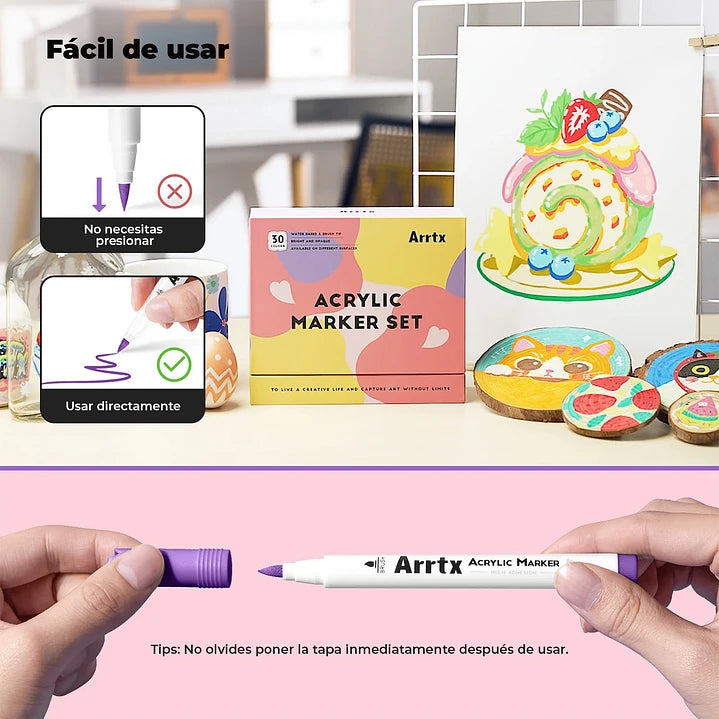 Marcadores Acrílicos Arrtx 30D | Punta Pincel | 30 colores vibrantes