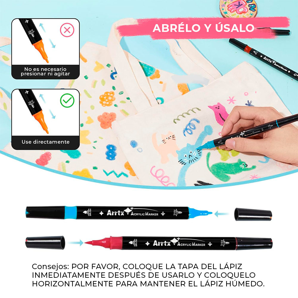 Marcadores Acrílicos Arrtx 64 colores | Doble Punta | Punta Pincel y Fina