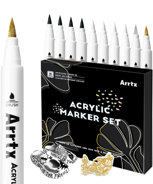 Marcadores Acrílicos Arrtx 10 un | Punta Pincel | Negro, blanco, plata y dorado