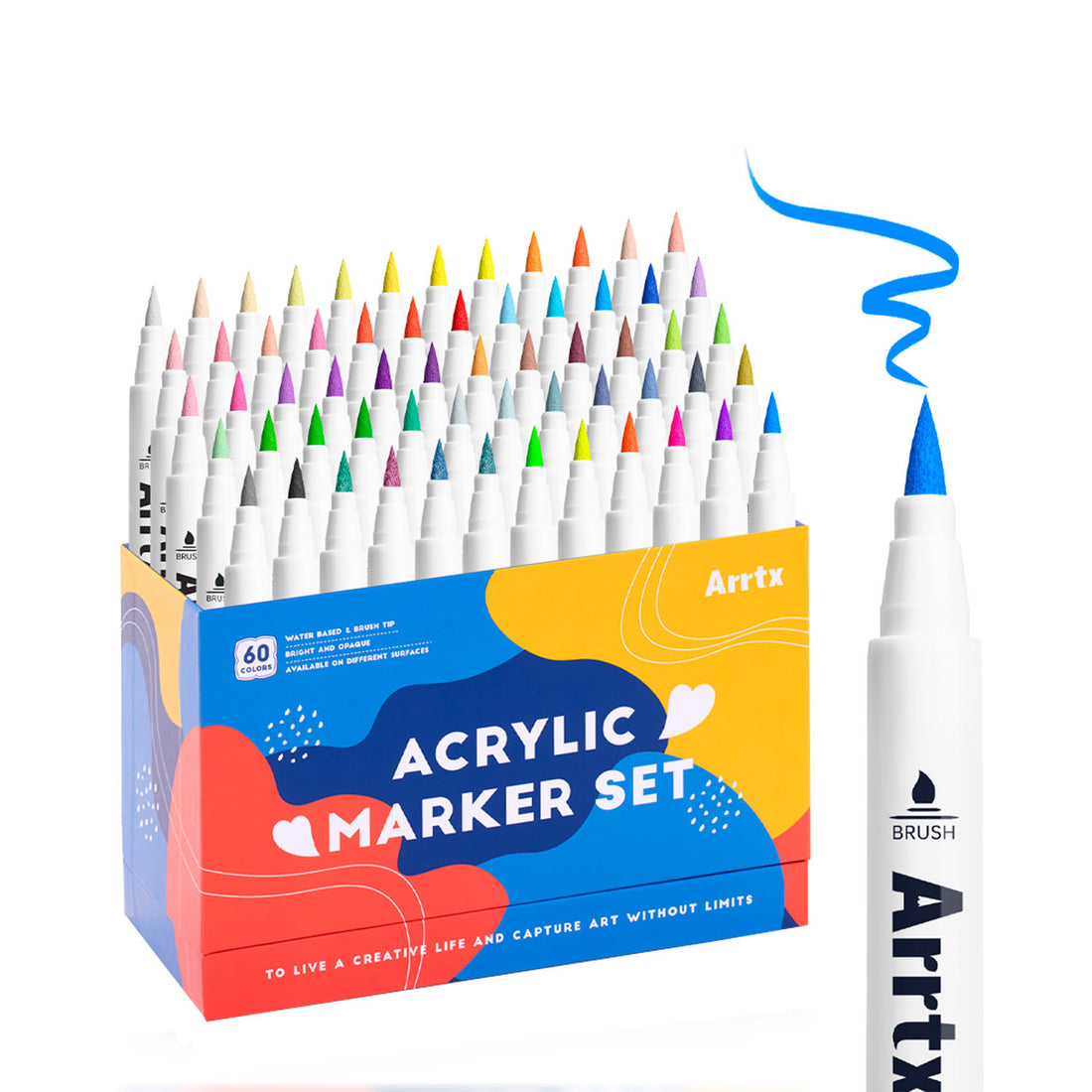 Marcadores Acrílicos Arrtx 60A | Punta Pincel | 60 colores: 50 clásicos + 4 metálicos + 6 neón