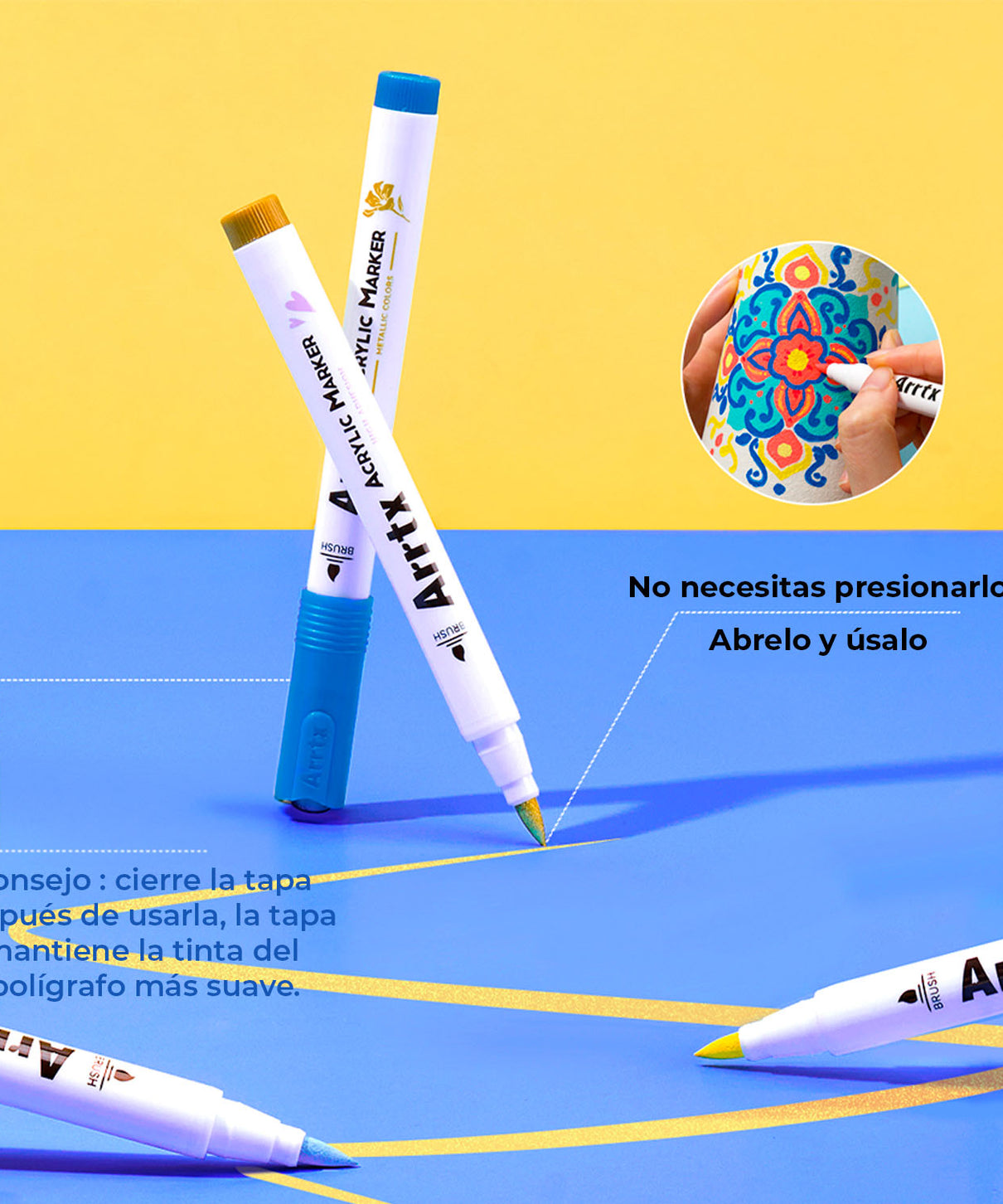 Marcadores Acrílicos Arrtx 60A | Punta Pincel | 60 colores: 50 clásicos + 4 metálicos + 6 neón