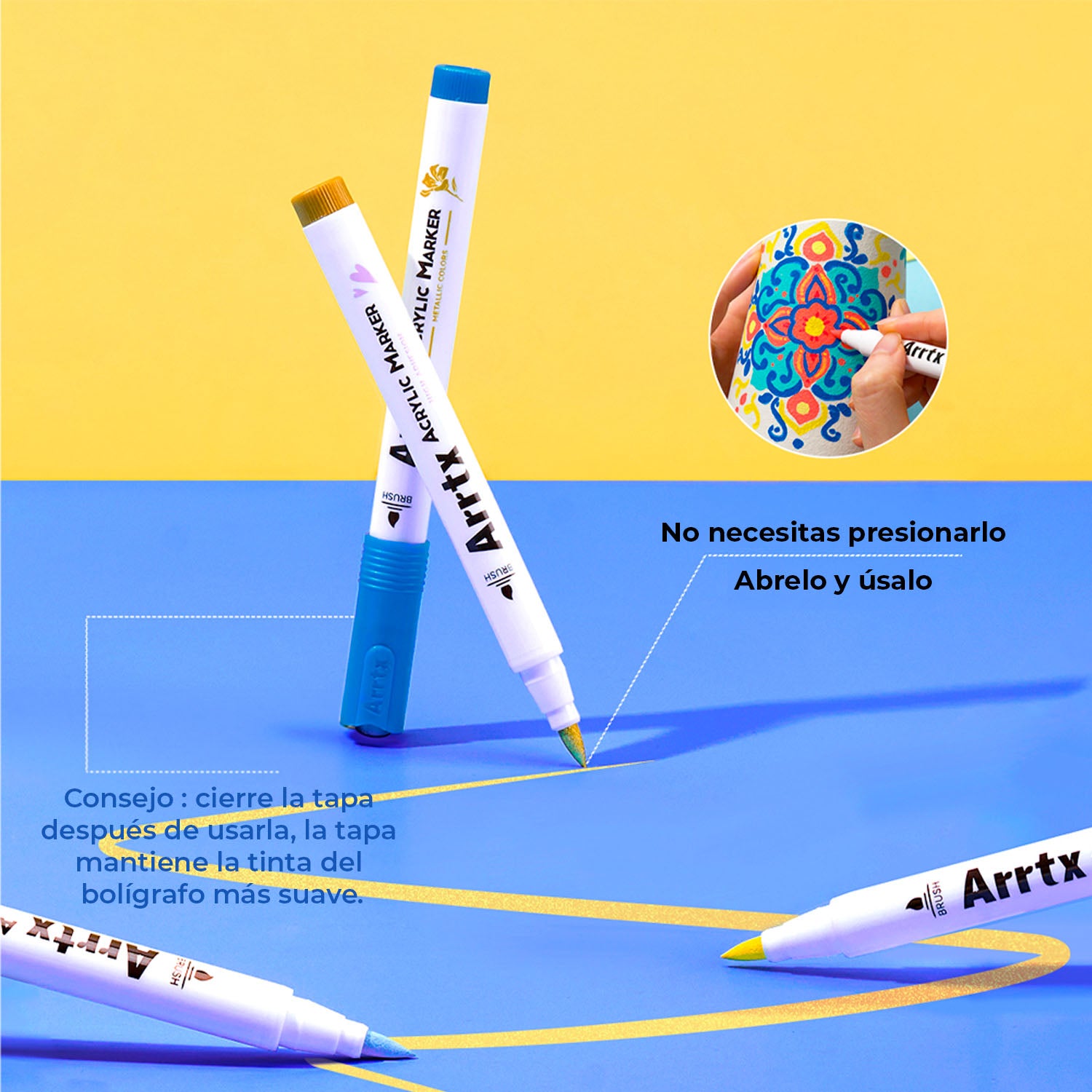 Marcadores Acrílicos Arrtx 60A | Punta Pincel | 60 colores: 50 clásicos + 4 metálicos + 6 neón