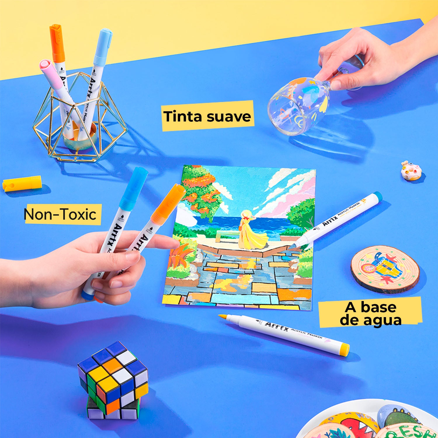 Marcadores Acrílicos Arrtx 60A | Punta Pincel | 60 colores: 50 clásicos + 4 metálicos + 6 neón