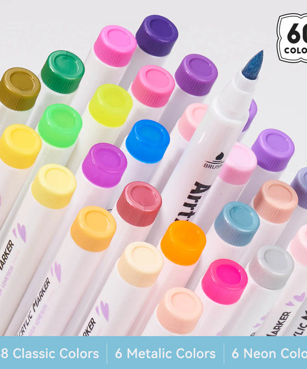 Marcadores Acrílicos Arrtx 60A | Punta Pincel | 60 colores: 50 clásicos + 4 metálicos + 6 neón