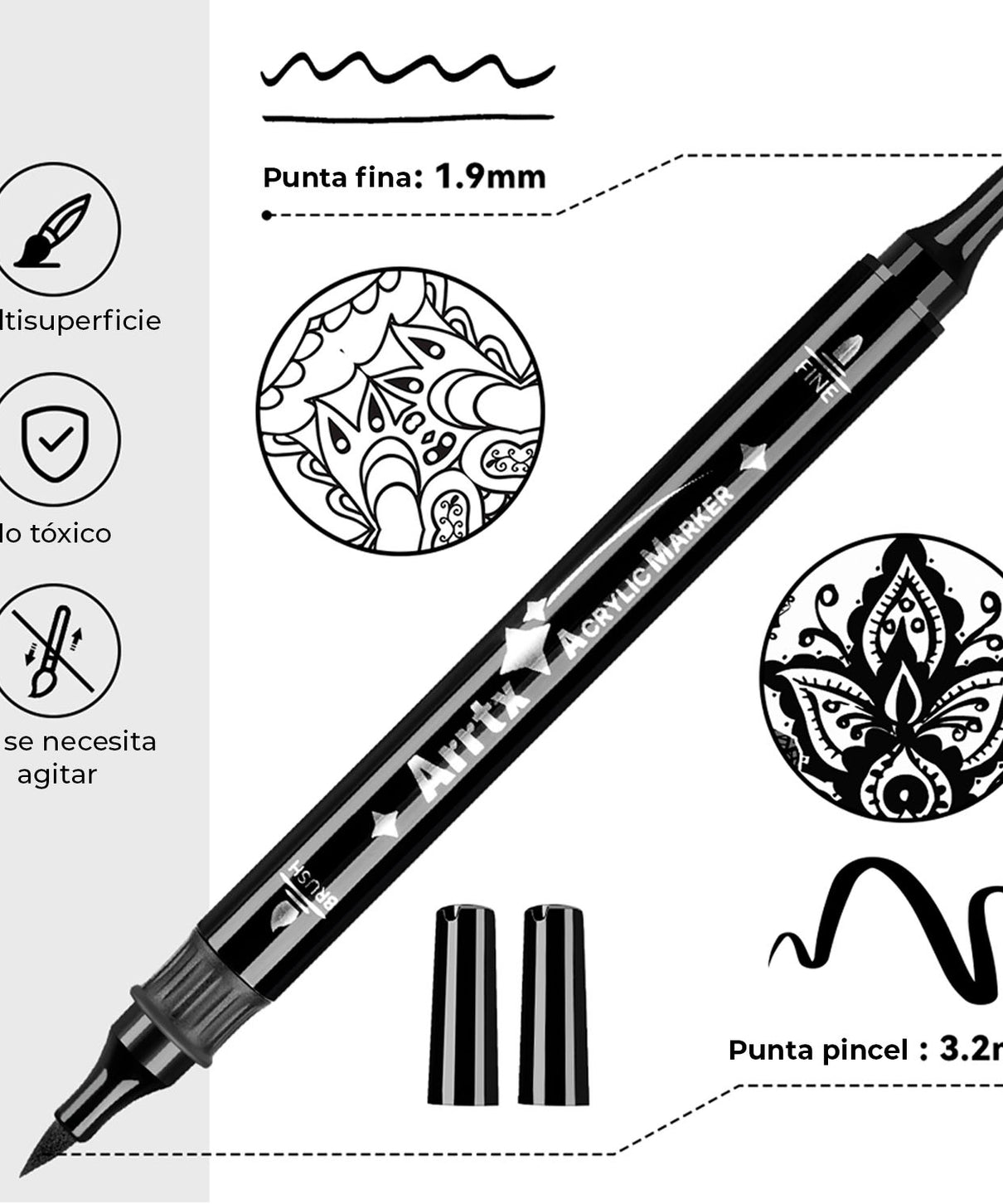 Marcador Acrílico Arrtx Negro | Punta Pincel y Fina | Por unidad y set