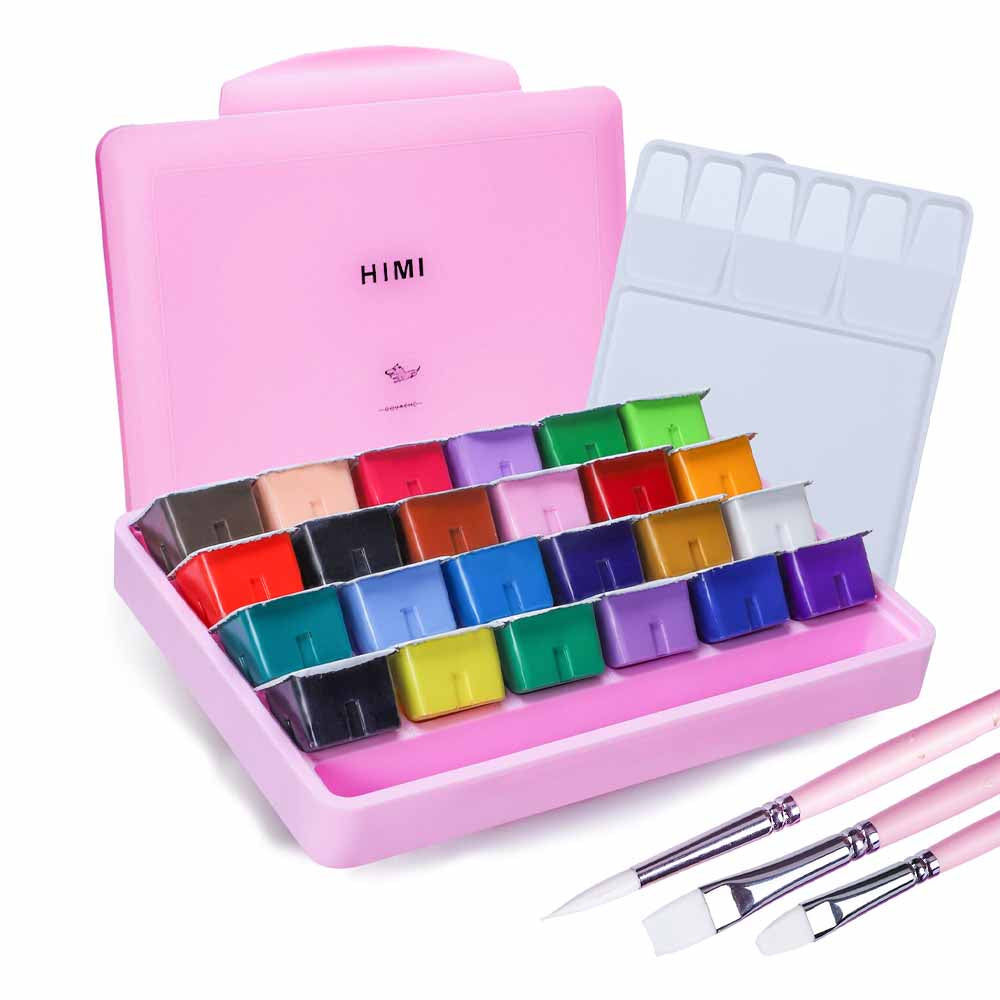 Gouache Himi 24 colores | 30 ml | Estuche Rosado + Pinceles