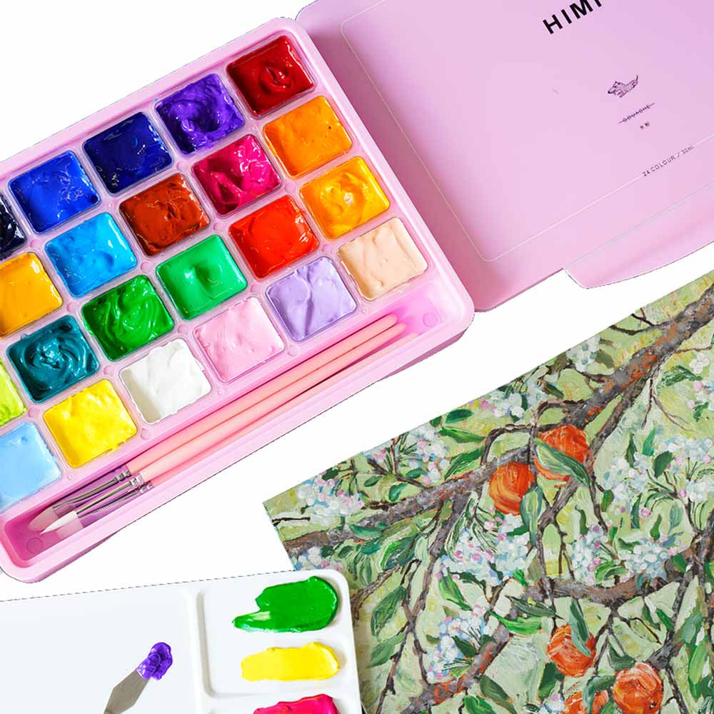 Gouache Himi 24 colores | 30 ml | Estuche Rosado + Pinceles