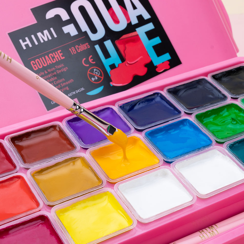 Gouache Himi 18 colores | 30 ml | Estuche Rosado + Pinceles