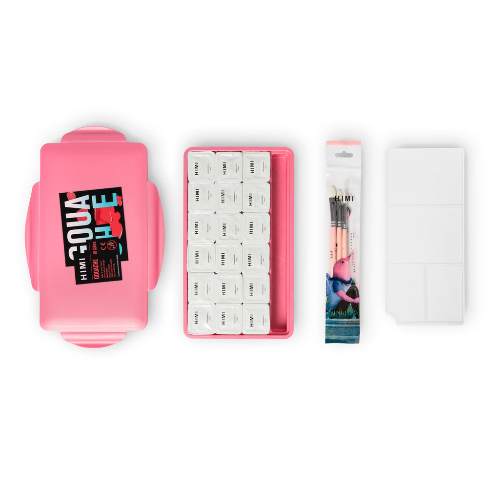 Gouache Himi 18 colores | 30 ml | Estuche Rosado + Pinceles