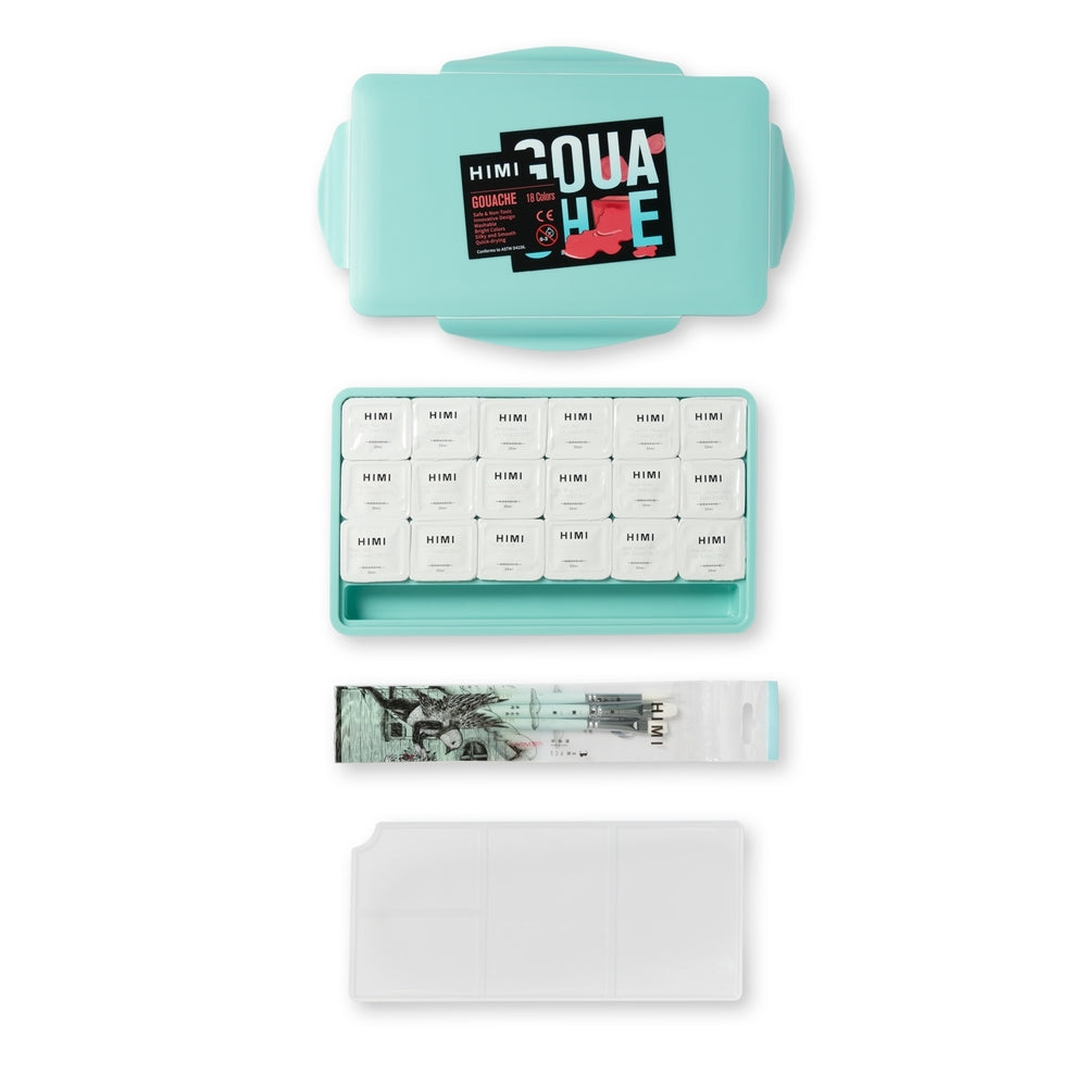 Gouache Himi 18 colores | 30 ml | Estuche Verde Agua + Pinceles
