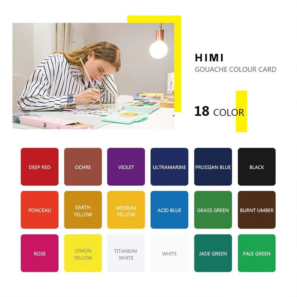 Gouache Himi 18 colores | 30 ml | Estuche Verde Agua + Pinceles