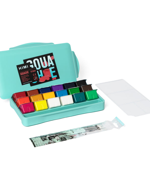 Gouache Himi 18 colores | 30 ml | Estuche Verde Agua + Pinceles