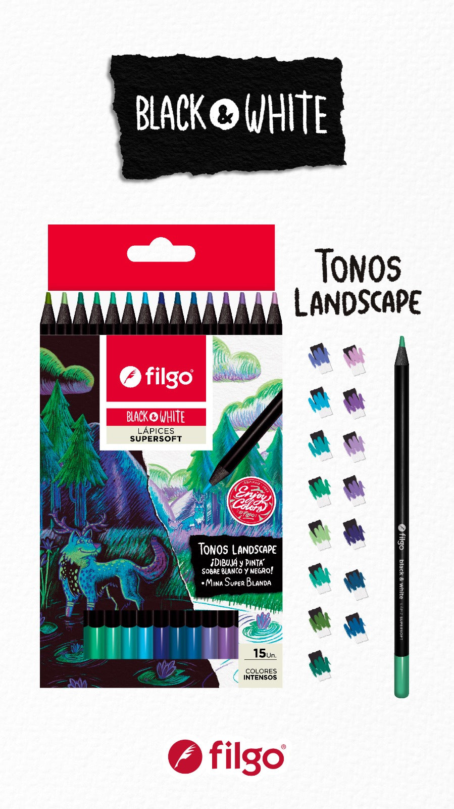Lápices Black&amp;White Supersoft 15 colores | Tonos Landscape | Filgo