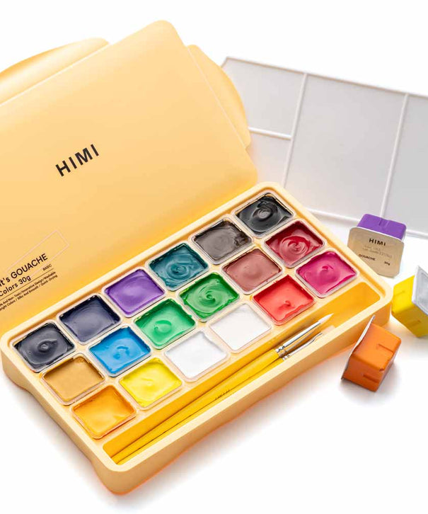 Gouache Himi 18 colores | 30 ml | Estuche Amarillo + Pinceles