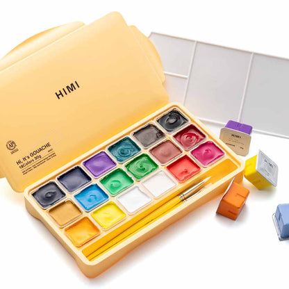 Gouache Himi 18 colores | 30 ml | Estuche Amarillo + Pinceles
