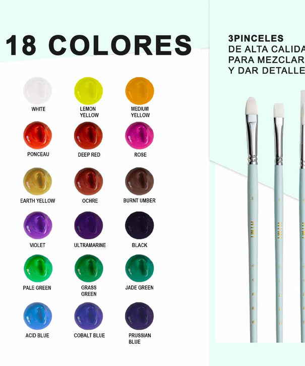 Gouache Himi 18 colores | 30 ml | Estuche Amarillo + Pinceles