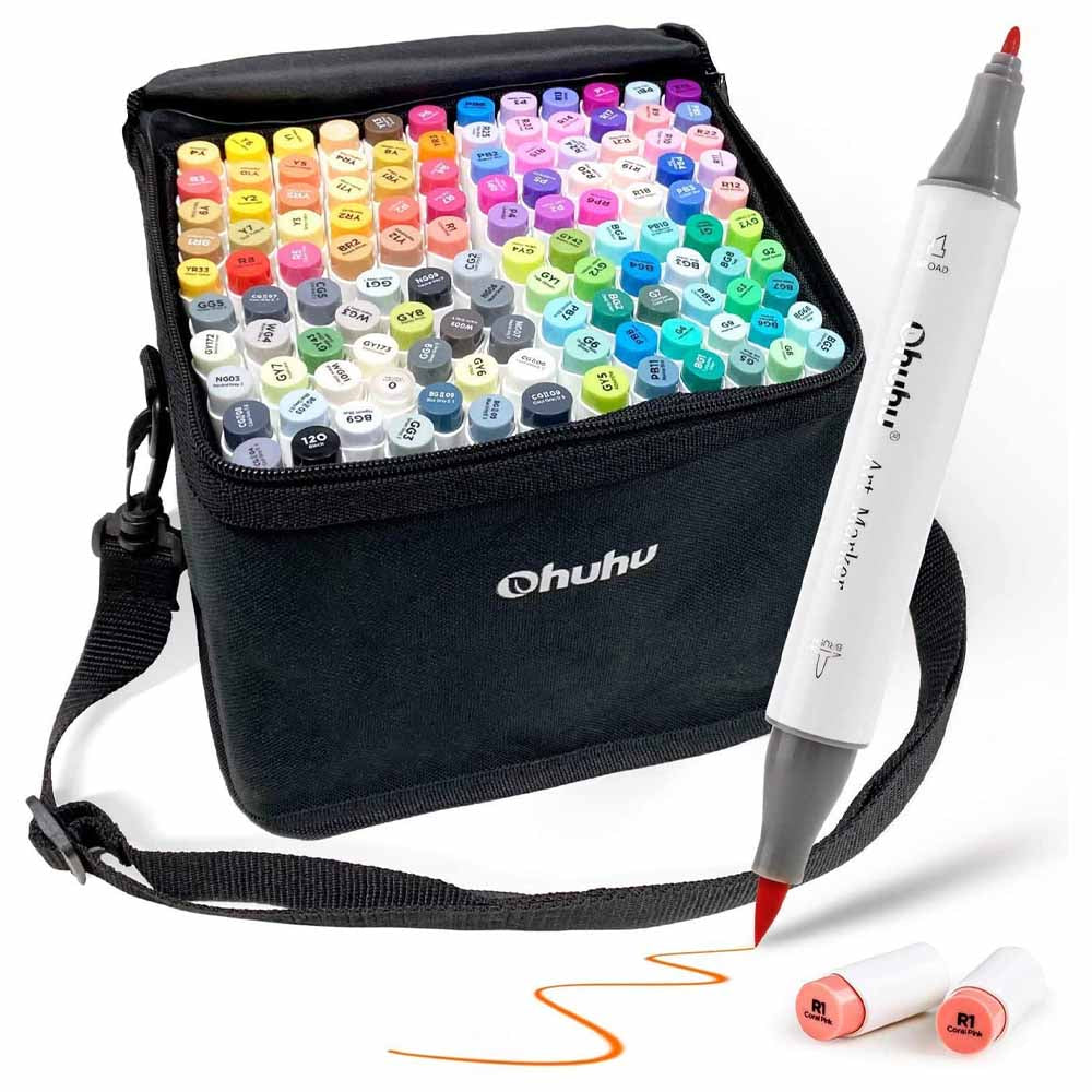 Ohuhu 120 Marcadores de Alcohol + 1 blender + bolso | Colores Vibrantes | Honolulu B: Pincel y Fina