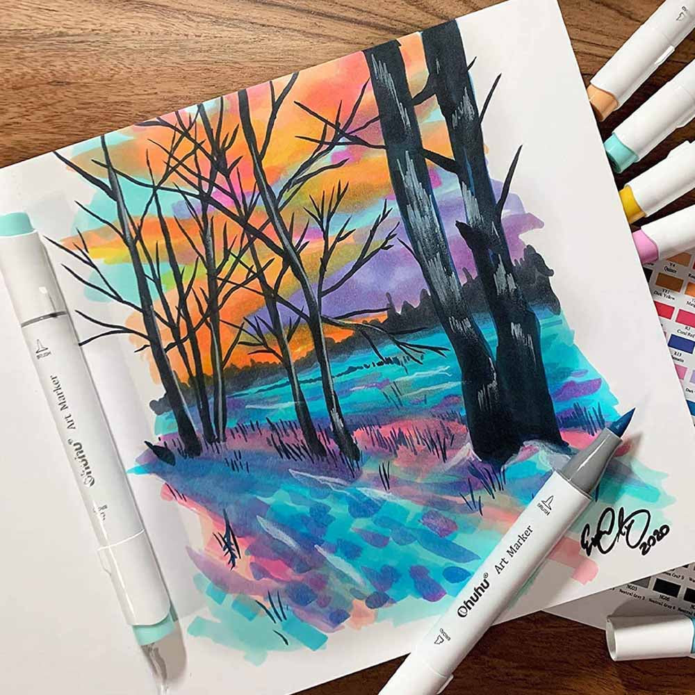 Ohuhu 120 Marcadores de Alcohol + 1 blender + bolso | Colores Vibrantes | Honolulu B: Pincel y Fina